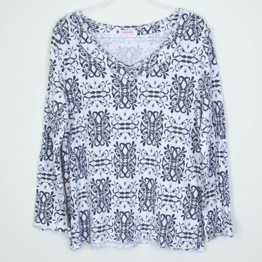 Fresh‎ Produce Womens V Neck Pullover Tunic Top Size M/L White Roll Tab Sleeve